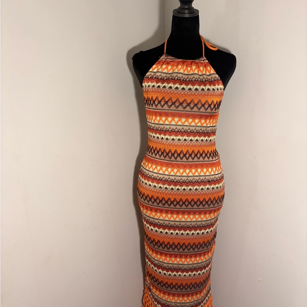 Orange Patterned Halter Dress - image 1